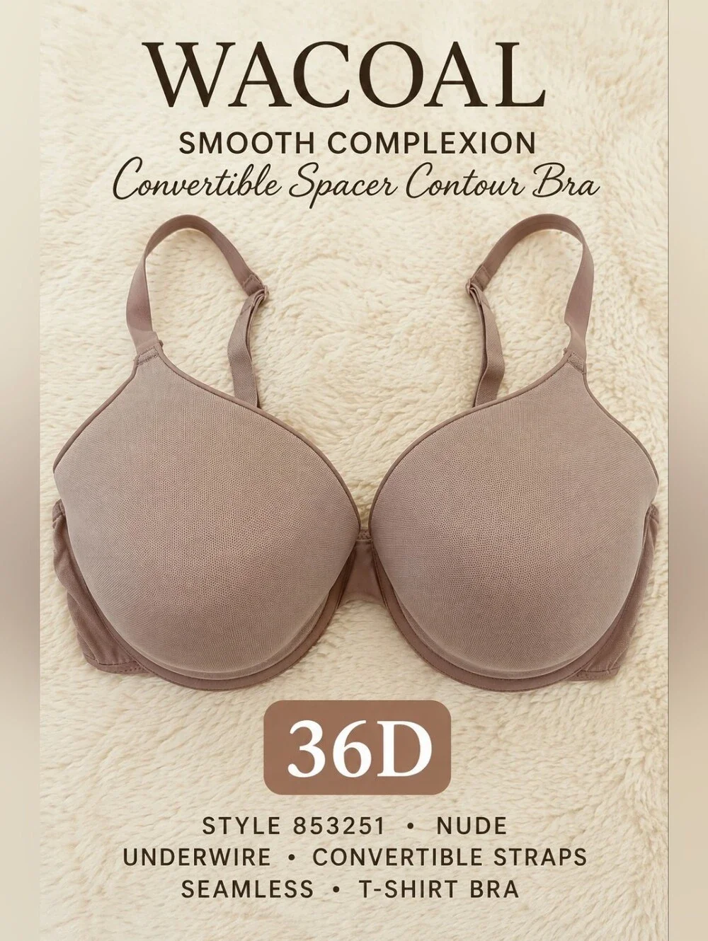 Wacoal Smooth Complexion Spacer Contour Bra 36D Nude Beige Mesh T Shirt 853251